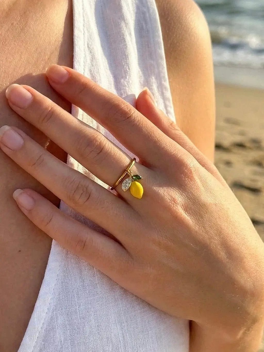 Bague Limoncello – Bague ajustable citron en acier inoxydable et strass Micomidy Bijoux