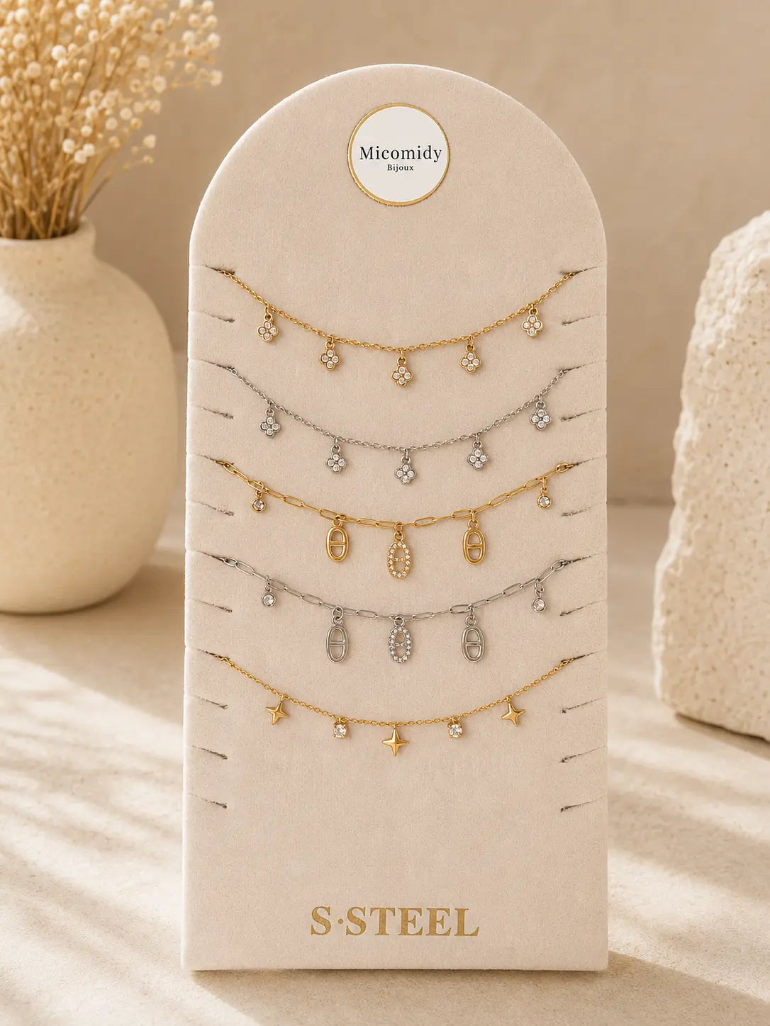 Chaîne de cheville femme en acier inoxydable doré ou argenté avec charm en strass Micomidy Bijoux