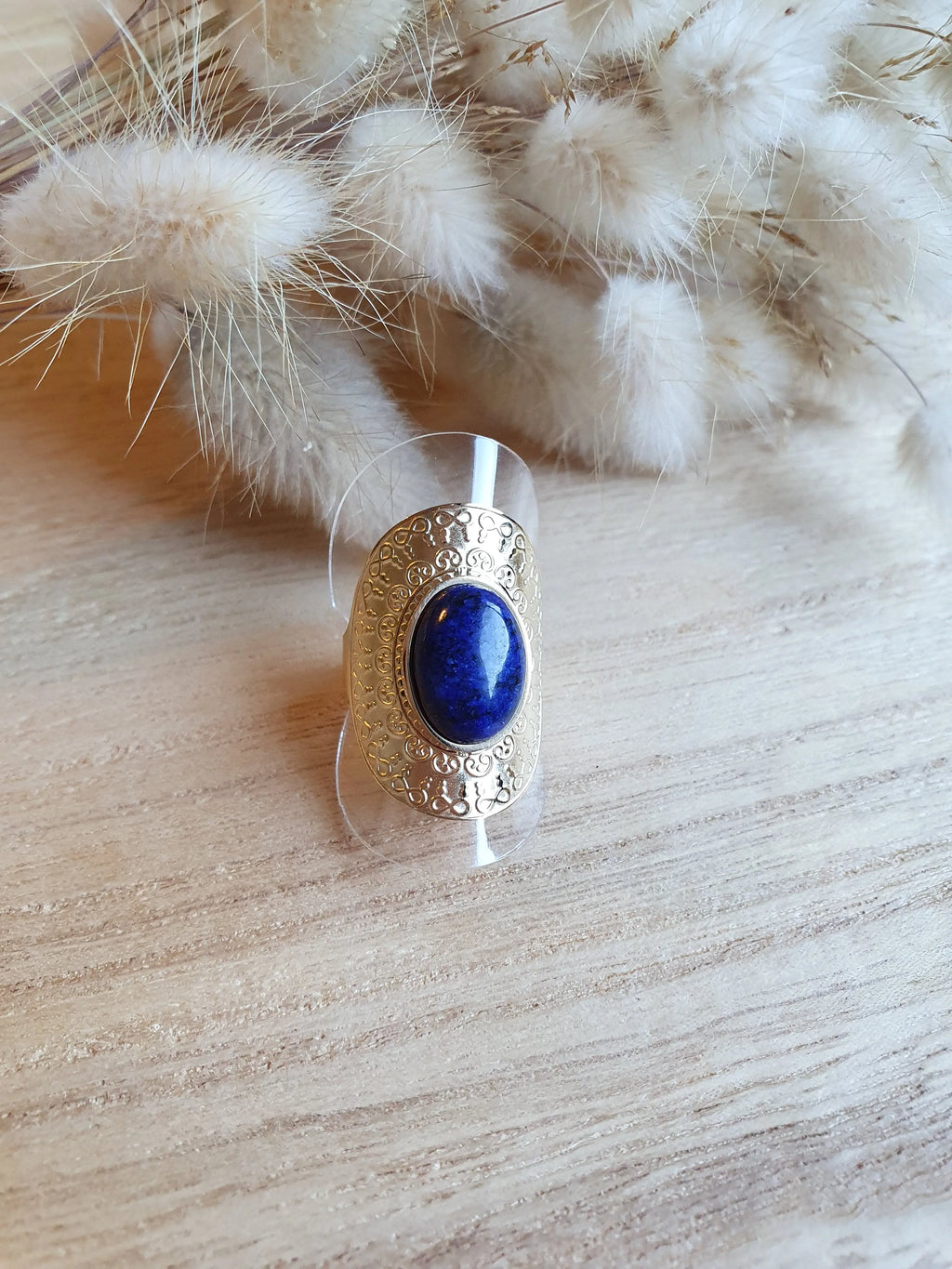 Bague Grazia - grosse bague style vintage ajustable en acier inoxydable et pierre naturelle Micomidy Bijoux
