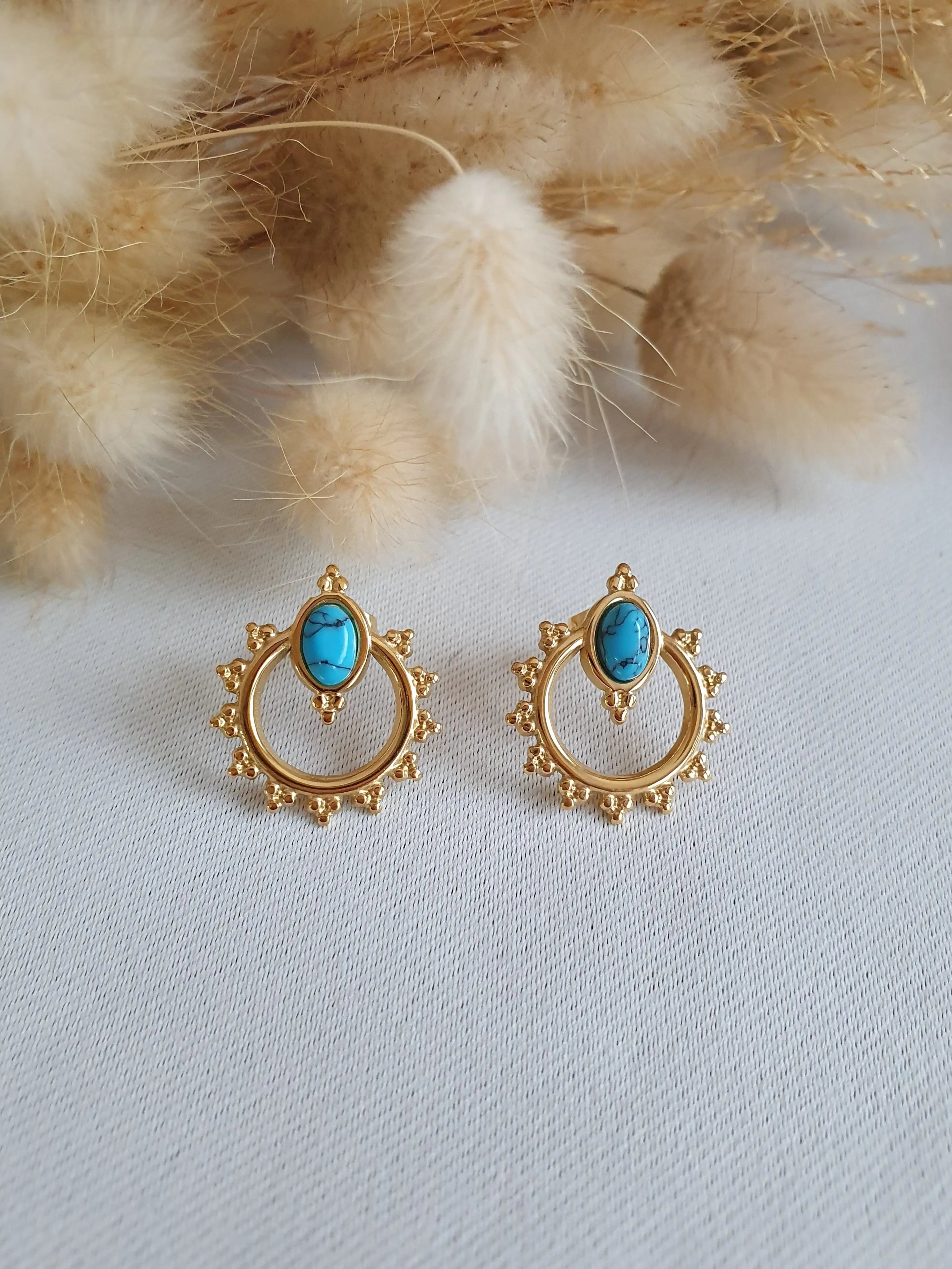 Boucles d'oreilles Graziella - Boucles d'oreilles gipsy bohème en acier inoxydable or et pierre turquoise Micomidy Bijoux