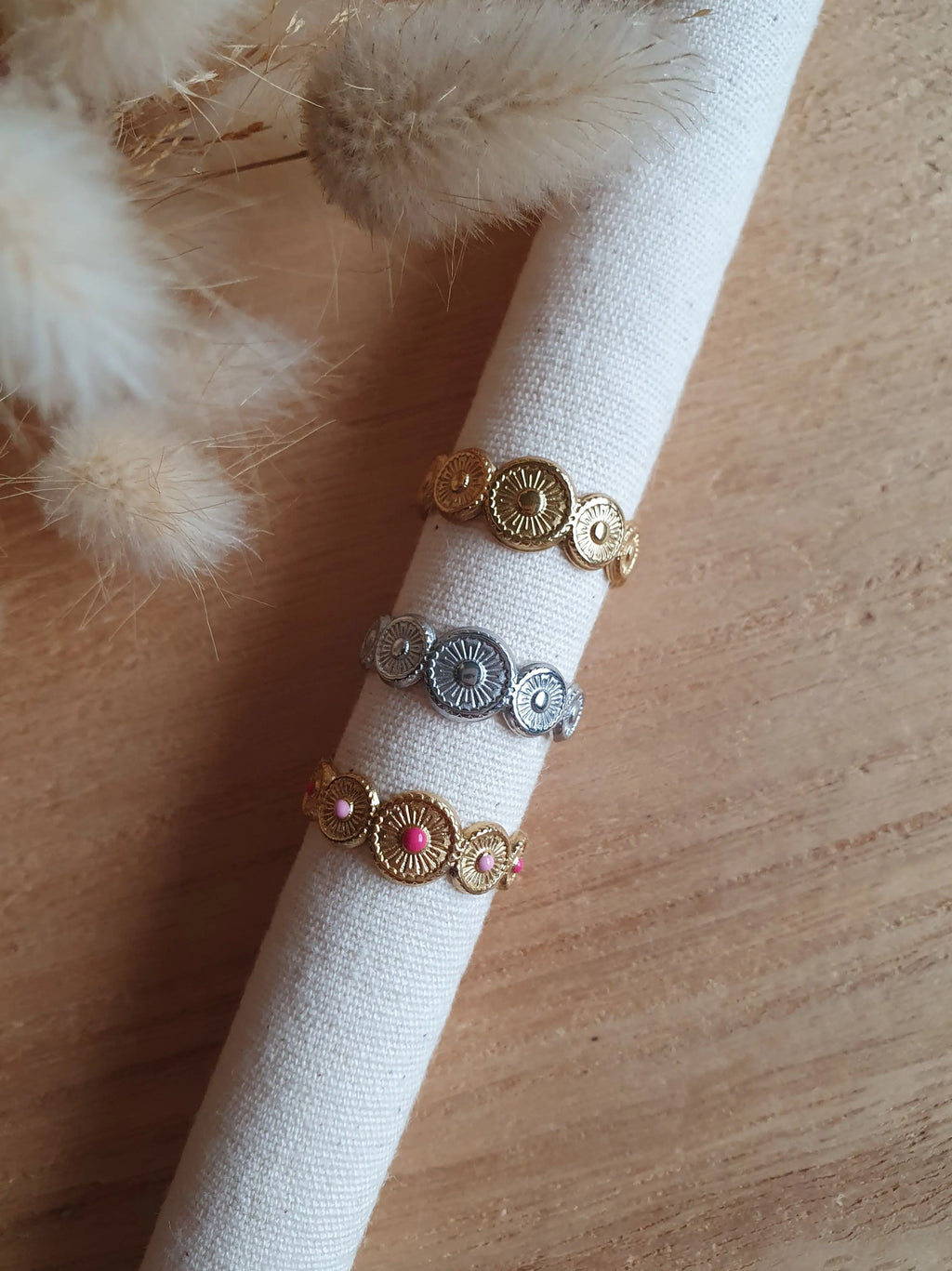 Bague Hélios - bague ajustable avec disques solaires en acier inoxydable or Micomidy Bijoux