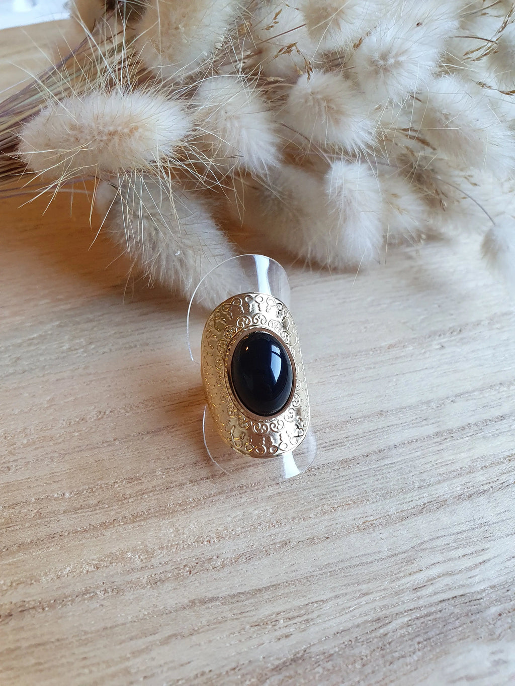 Bague Grazia - grosse bague style vintage ajustable en acier inoxydable et pierre naturelle Micomidy Bijoux