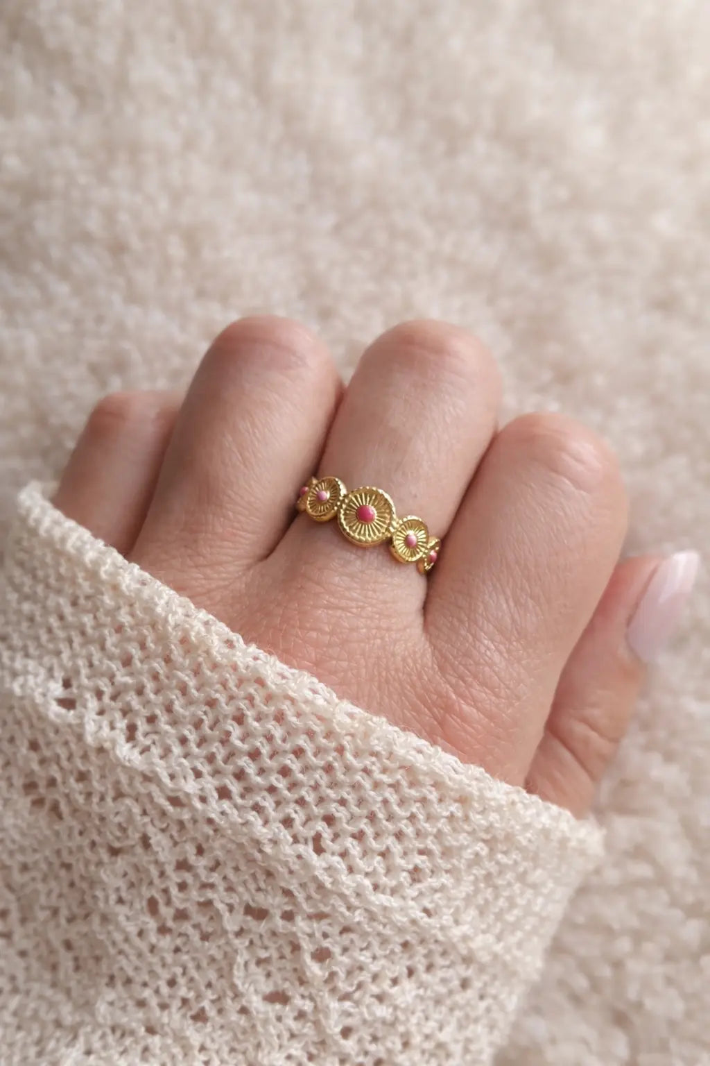 Bague Hélios - bague ajustable avec disques solaires en acier inoxydable or et émail rose Micomidy Bijoux