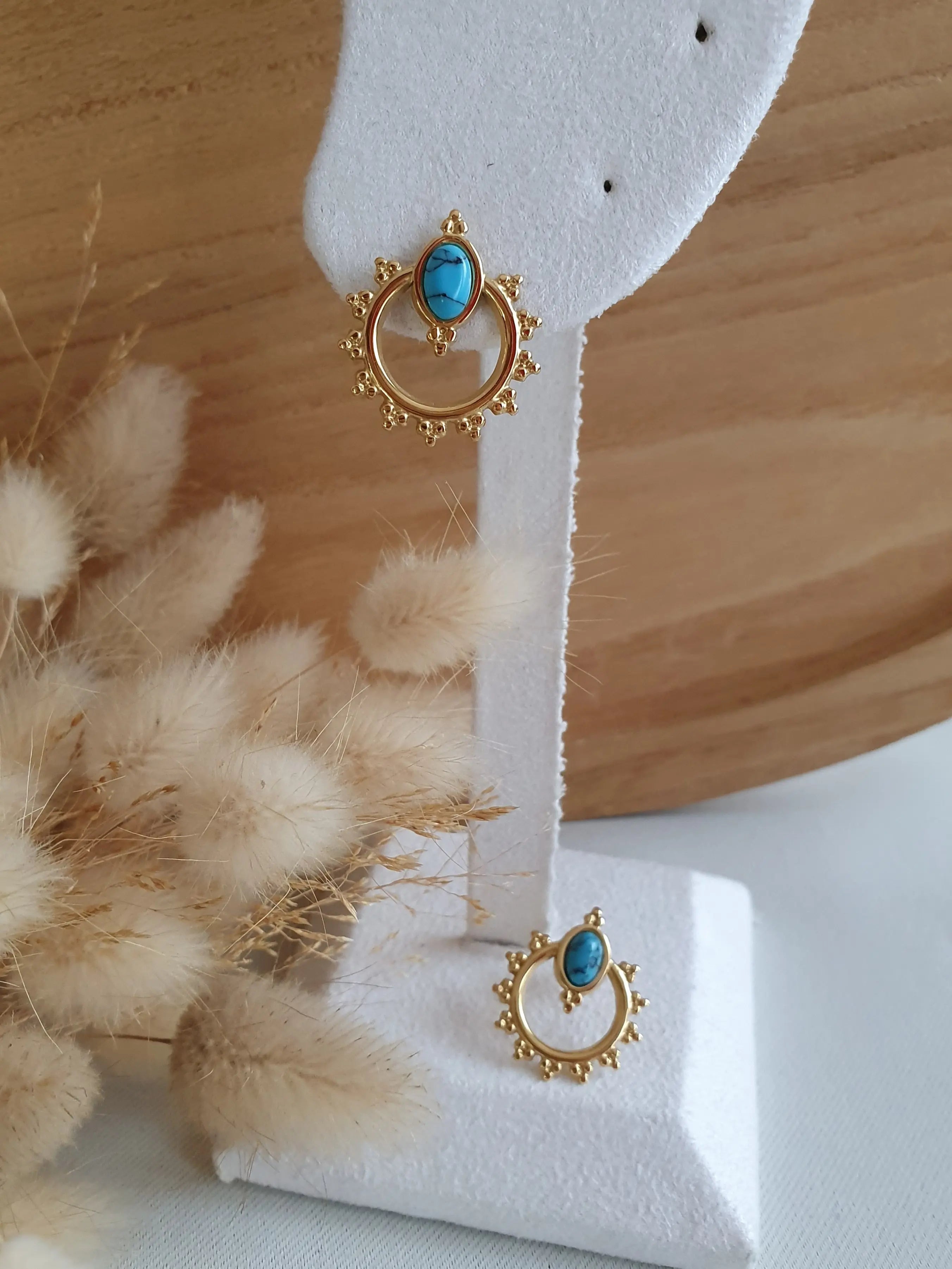 Boucles d'oreilles Graziella - Boucles d'oreilles gipsy bohème en acier inoxydable or et pierre turquoise Micomidy Bijoux