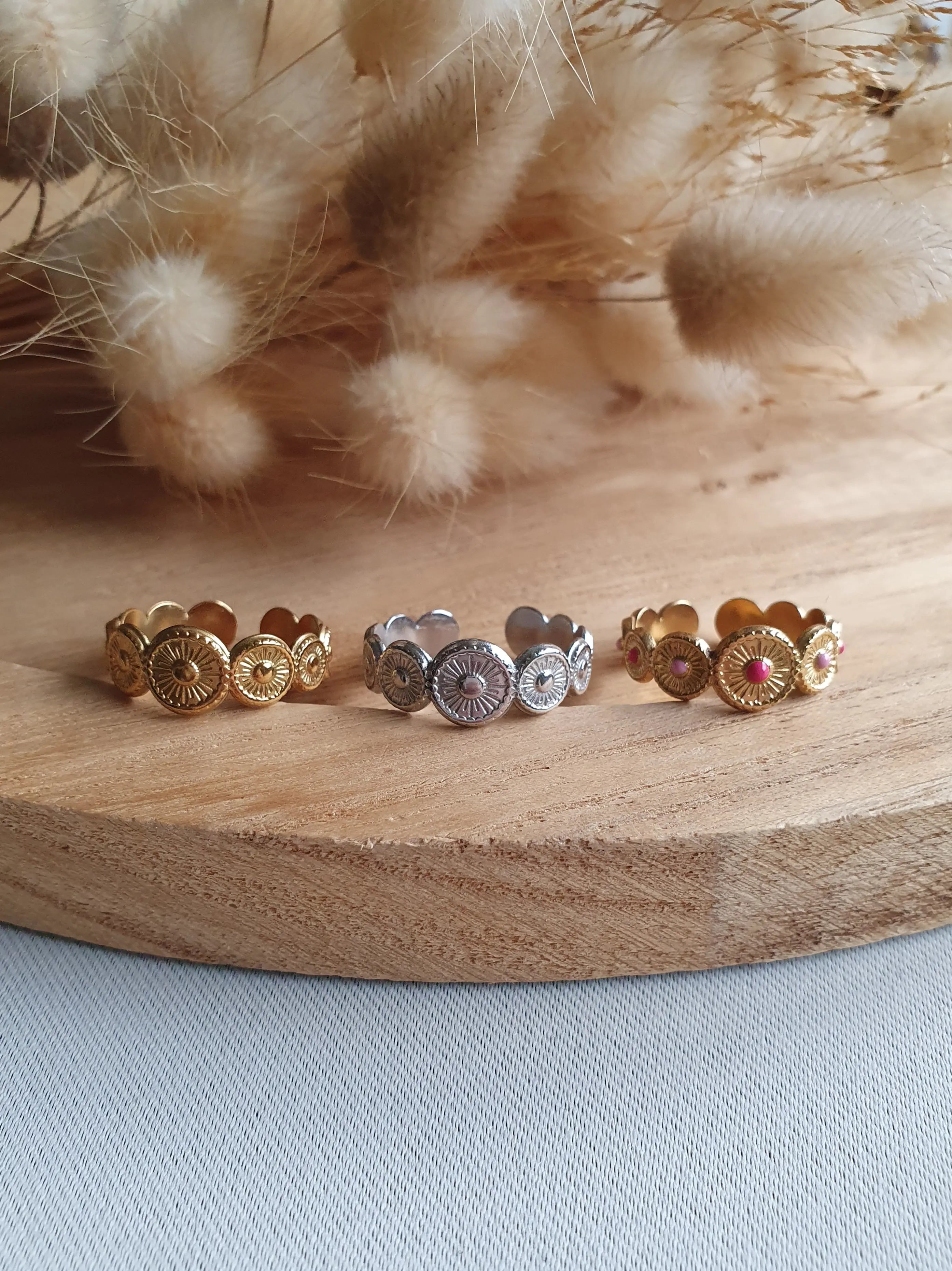 Bague Hélios - bague ajustable avec disques solaires en acier inoxydable or Micomidy Bijoux