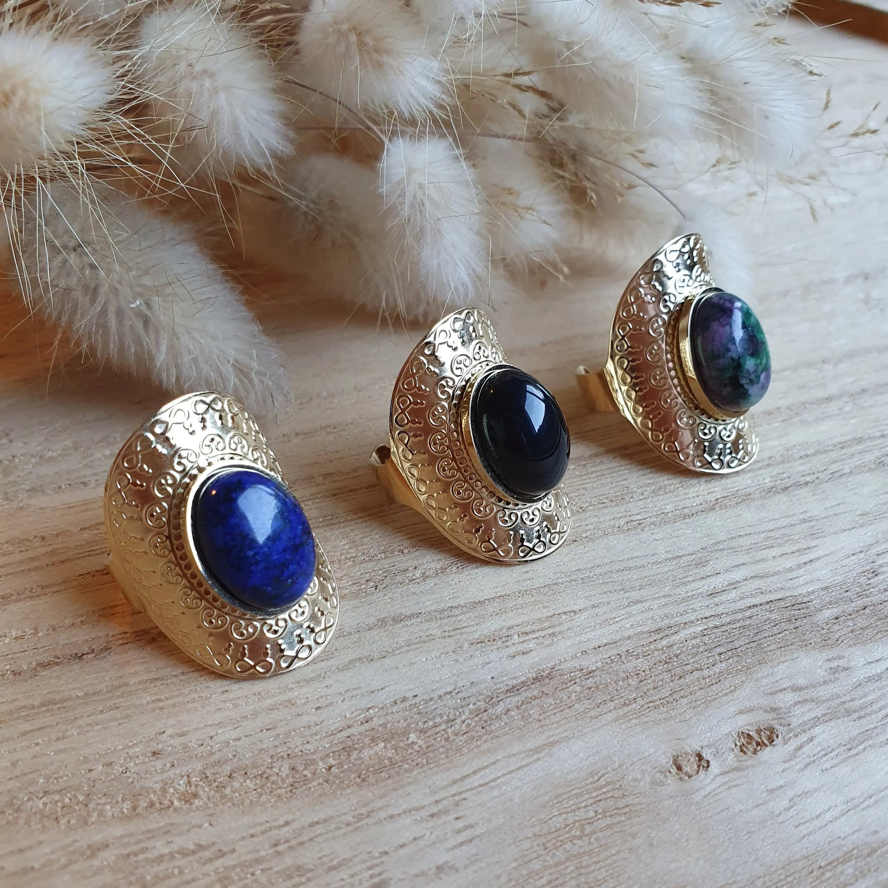 Bague Grazia - grosse bague style vintage ajustable en acier inoxydable et pierre naturelle Micomidy Bijoux