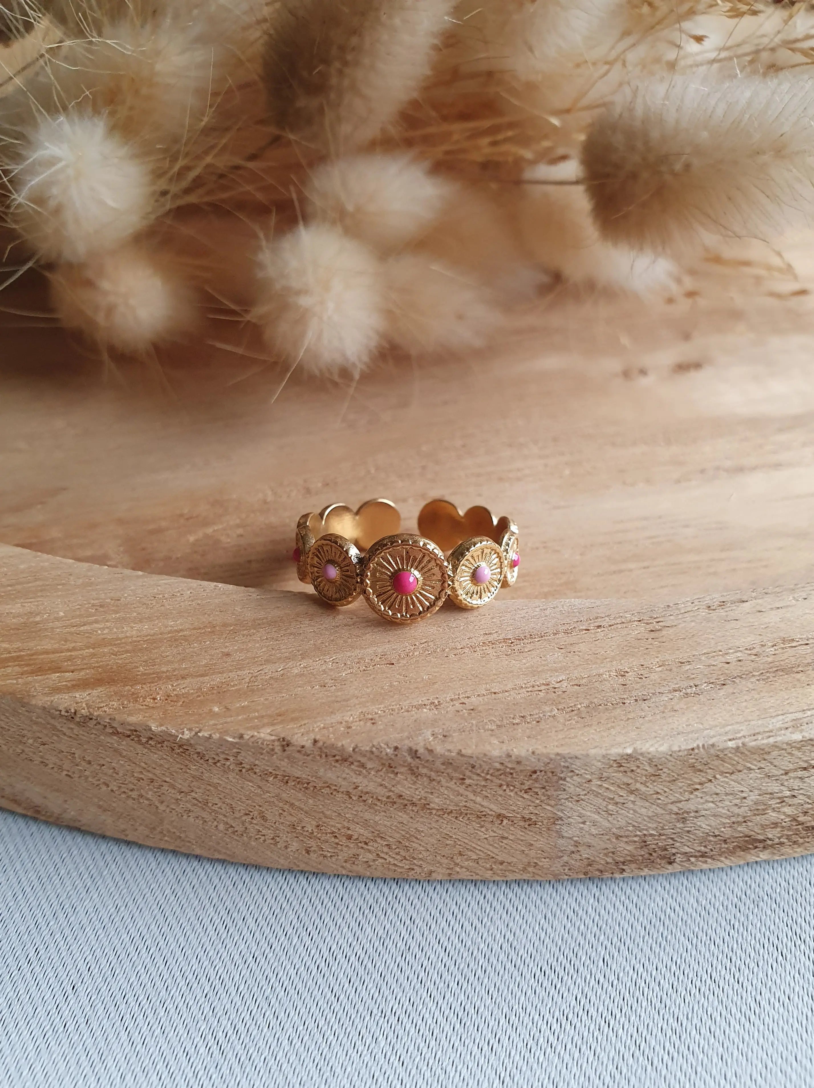 Bague Hélios - bague ajustable avec disques solaires en acier inoxydable or et émail rose Micomidy Bijoux