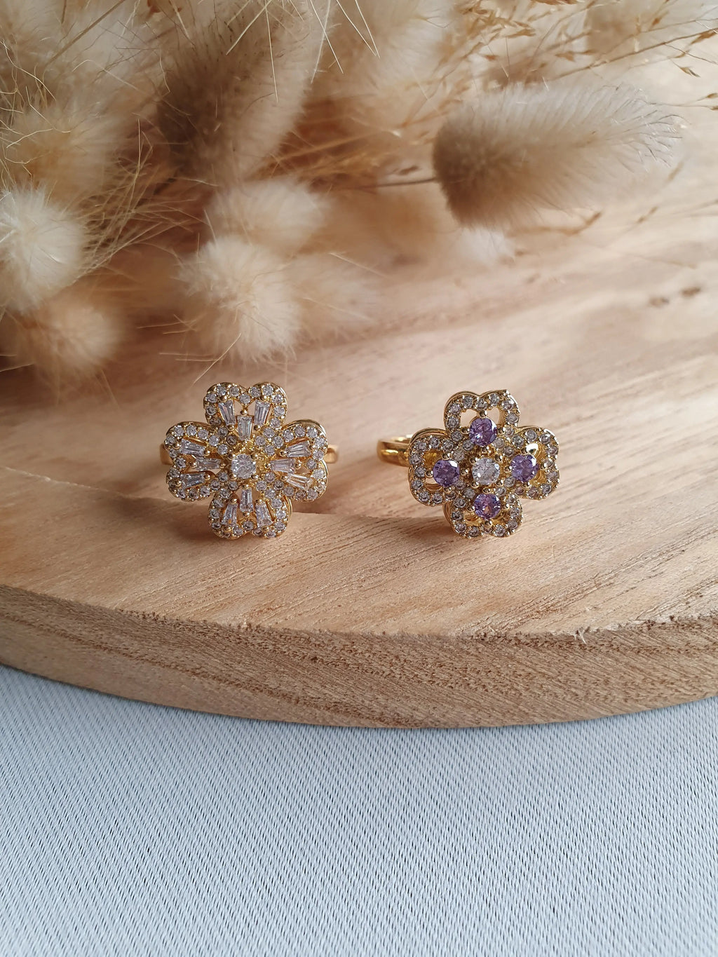Bague anti-stress trèfle ajustable en acier inoxydable or et strass blancs Micomidy Bijoux